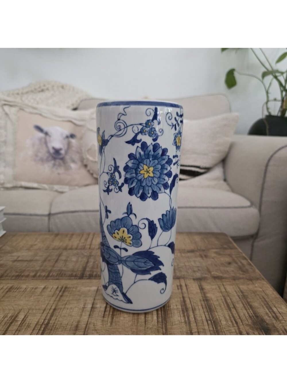 Vintage Blue & White Chinoiserie Floral Cylinder Vase 10"